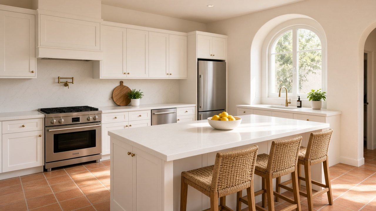 Clean white kitchen with marble counters